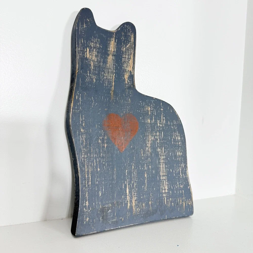 Handcrafted Wooden Cat Silhouette Sign Blue Cottagecore Heart Primitive Folk Art